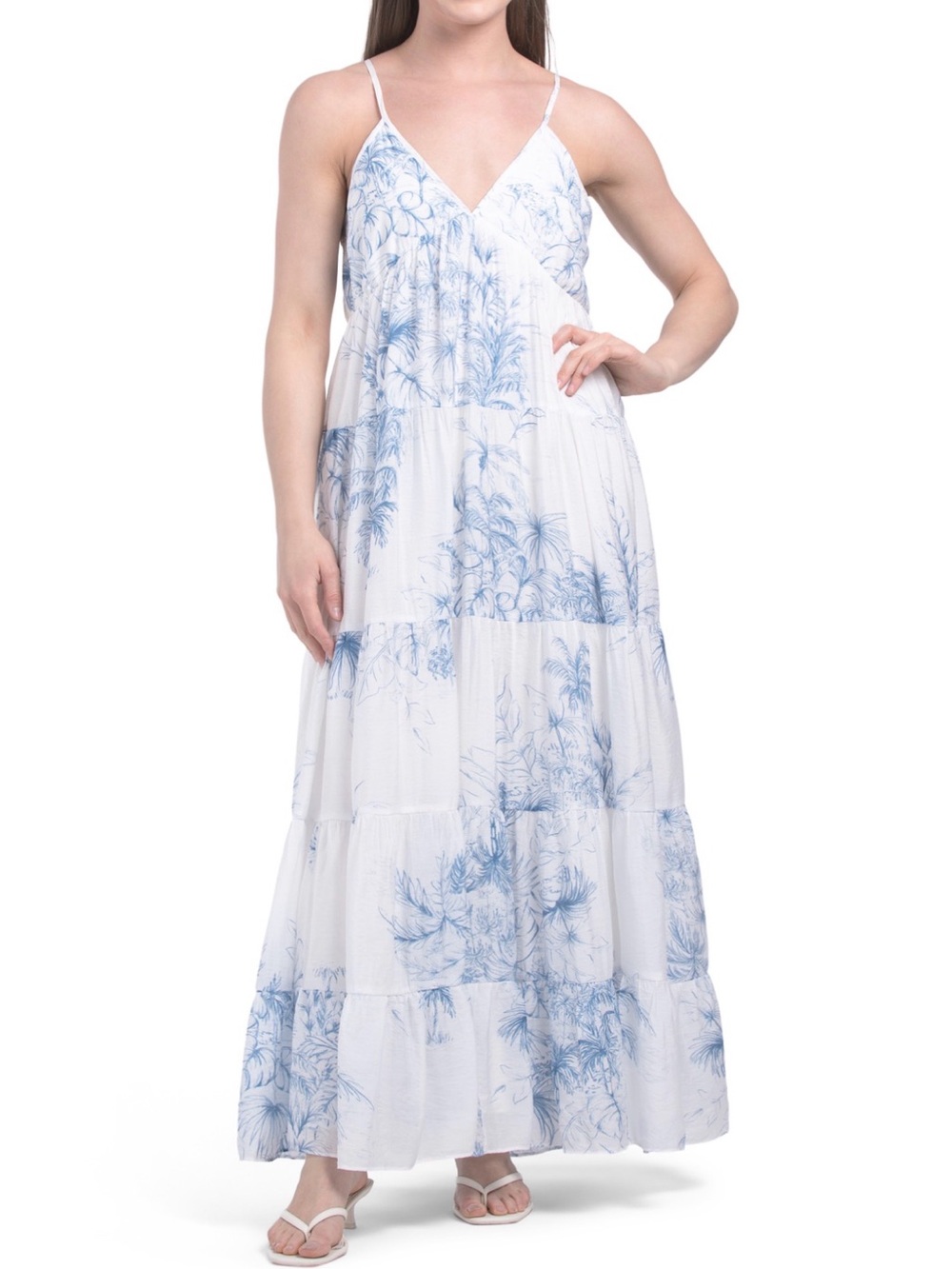 Spaghetti Strap White Maxi Dress with Blue Floral Print
